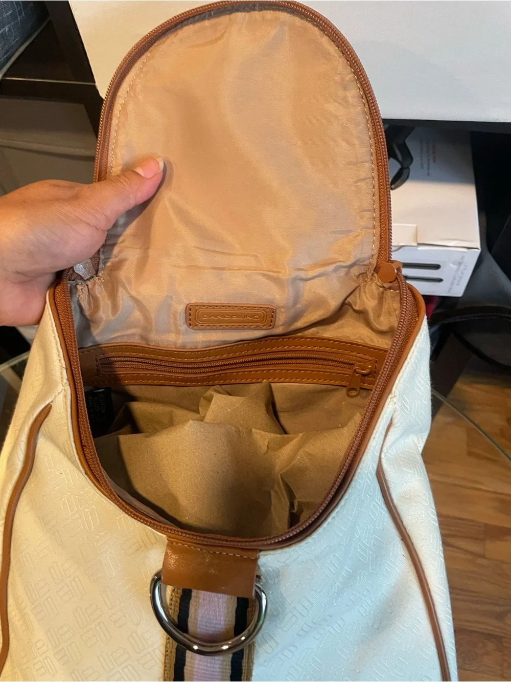 Canvas & Leather Trim Backpack - Cream with Pink Stripe